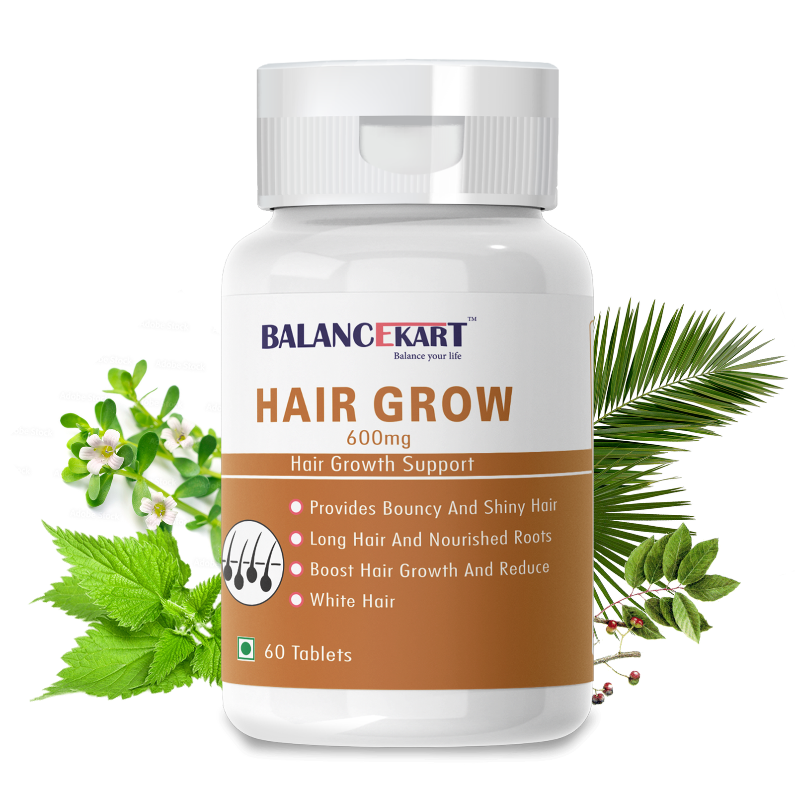 Balancekart Hair Grow 600MG Tablets, Promotes Healthy & Strong Hair Growth for Men & Women, 60 Veg. Tablets