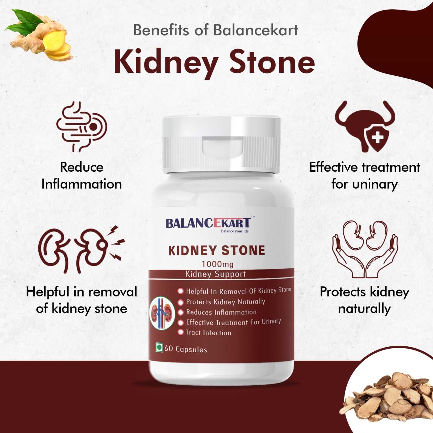 Balancekart Kidney Stone 1000 MG Capsule - Ayurvedic Supplement For Kidney Stone, 60 Veg. Capsules